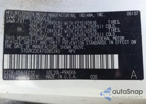 2007 Toyota Sienna Le из США, поврежденный, VIN 5TDZK23C47S085340